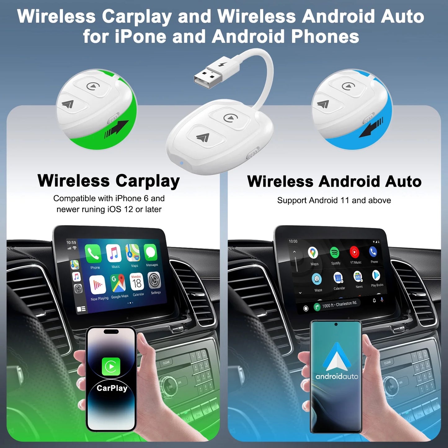 Adaptador 2 En 1 Carplay & Android Auto Inalambricos