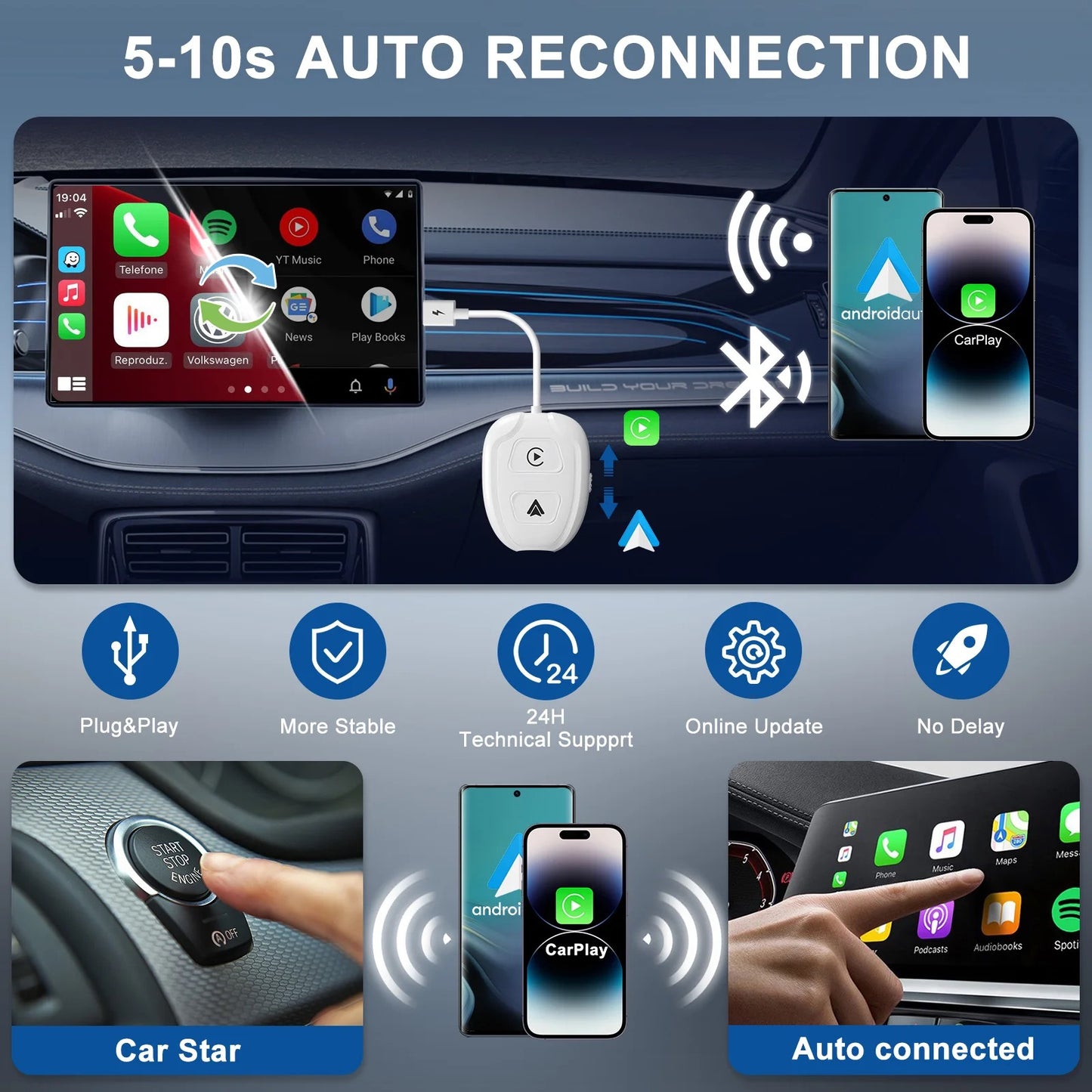 Adaptador 2 En 1 Carplay & Android Auto Inalambricos